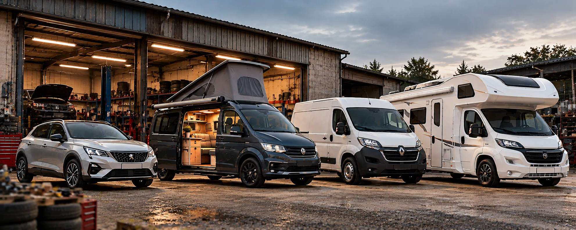 Voiture, van aménagé, fourgon et camping-car devant un atelier automobile